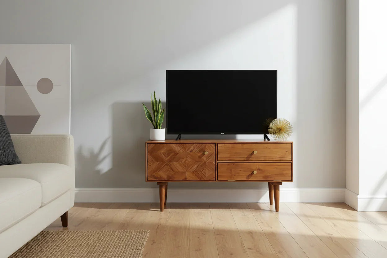 Franklin Sheesham wood TV stand with geometric marquetry in modern living room