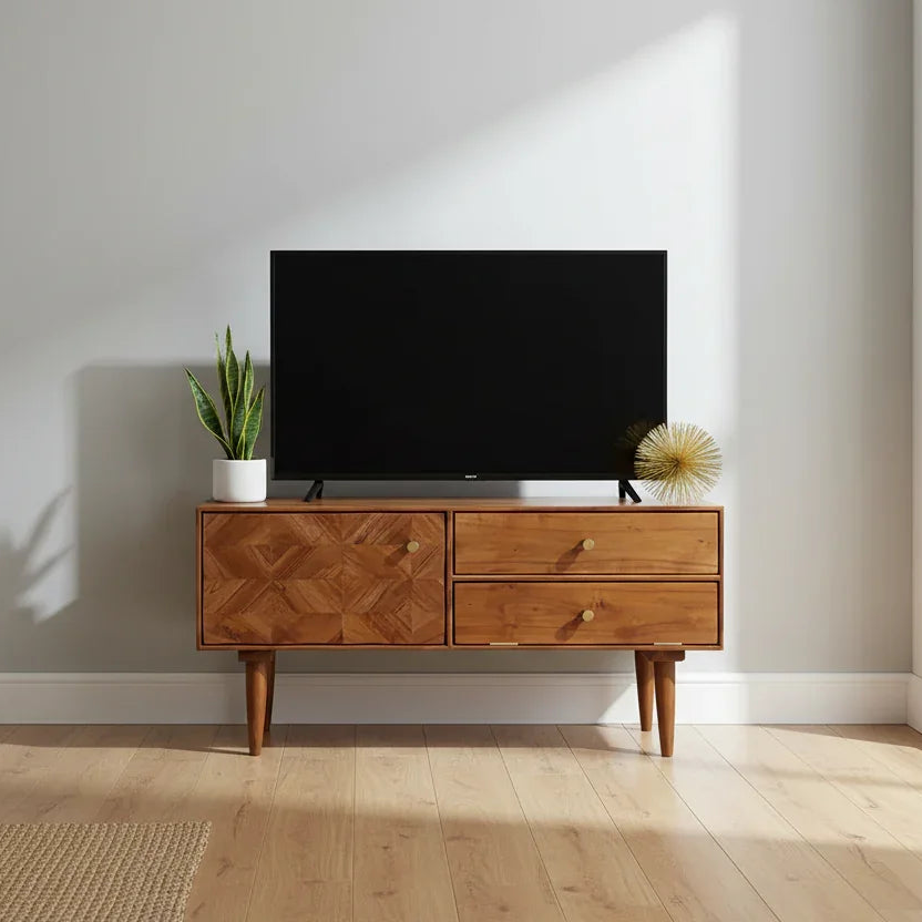 Franklin Sheesham wood TV stand with geometric marquetry in modern living room