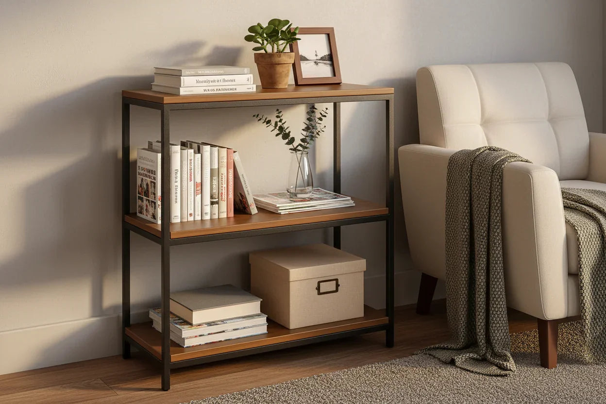 Acacia wood bookshelf in living room with books and decor