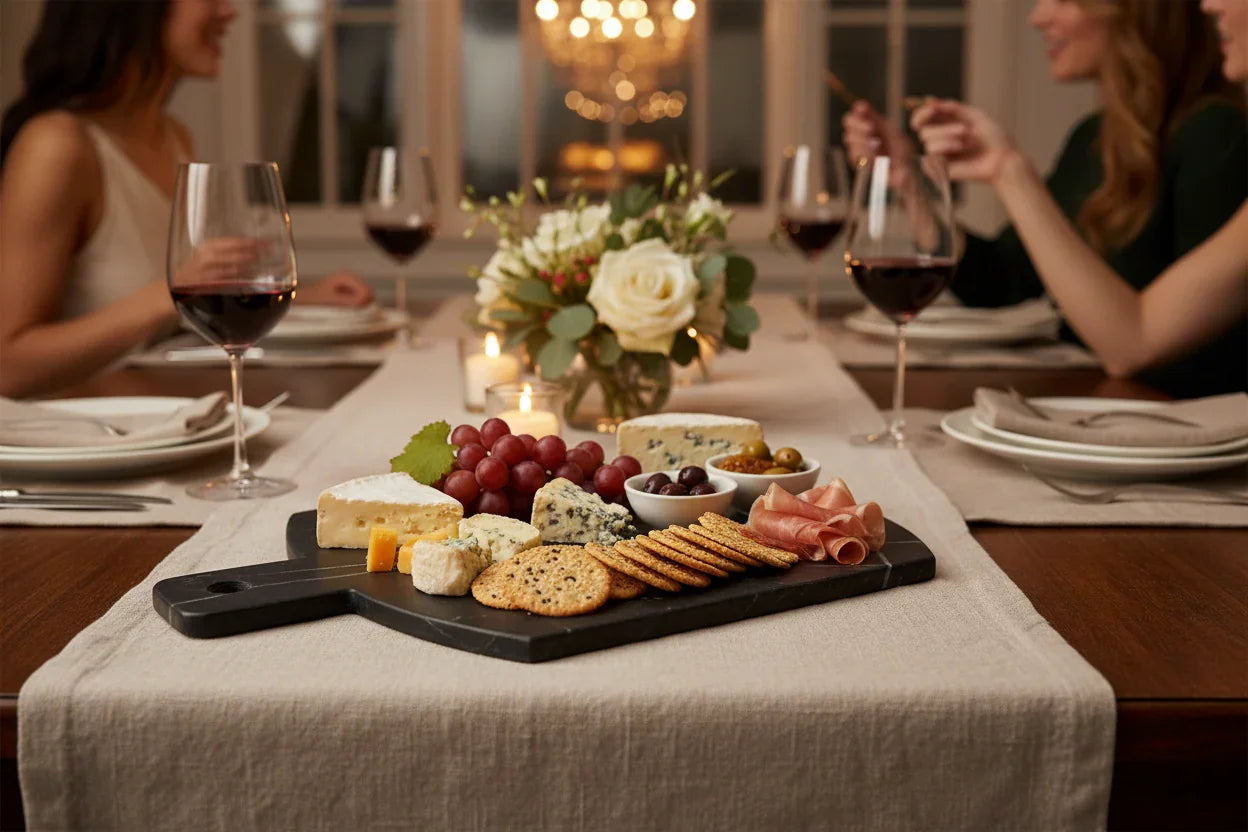 Black marble chopping board as serving board with cheese and appetizers