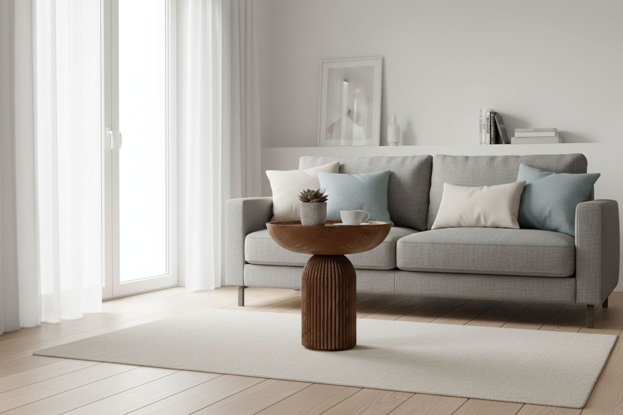 Samurai coffee table walnut finish in Scandinavian living room
