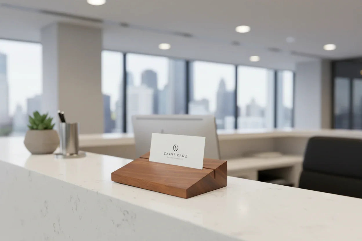Tapered card holder on reception desk