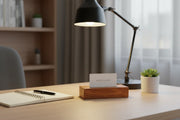 Block card holder on home office desk with business card