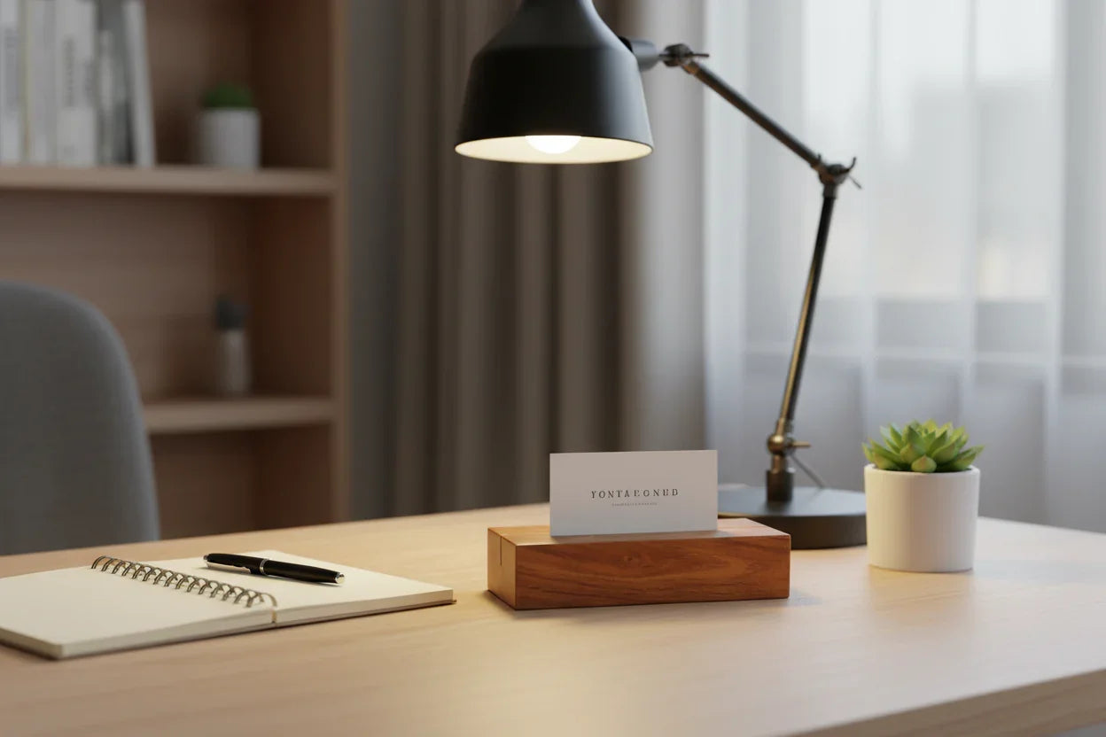 Block card holder on home office desk with business card