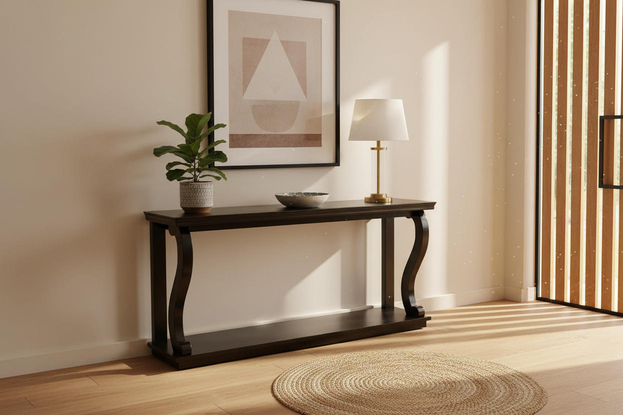 Sau Paulo dark walnut console table in modern entryway with lamp and decor