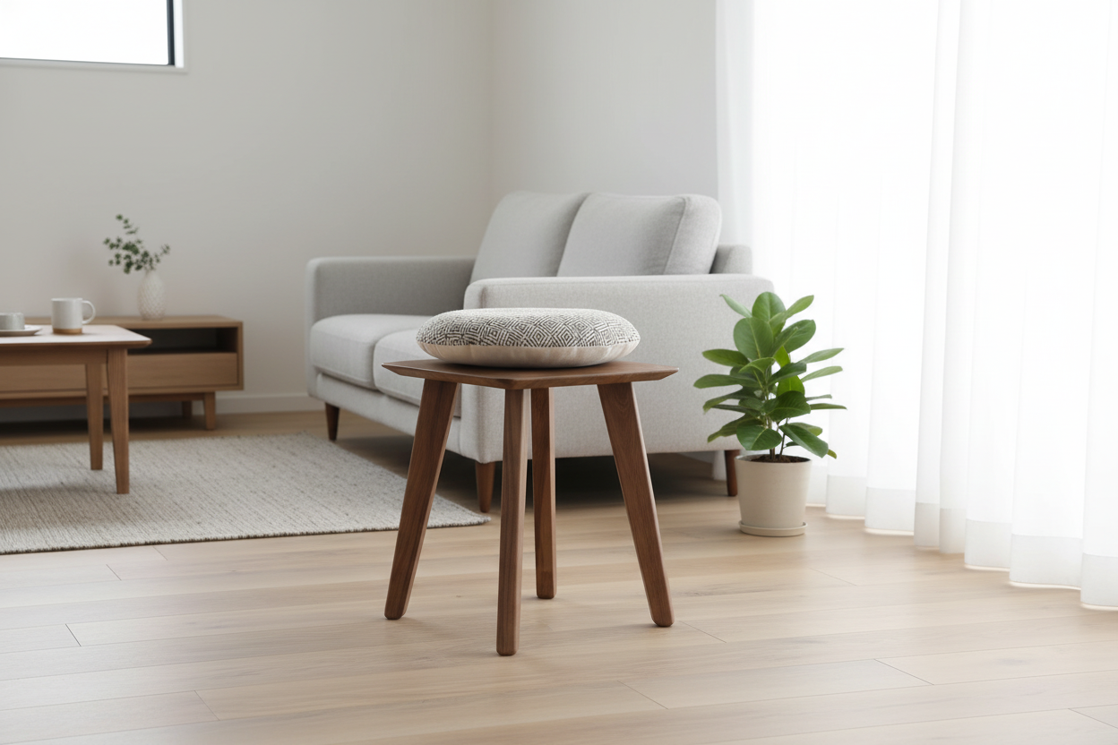 Jaipur solid wood stool used as extra seating with cushion in living room