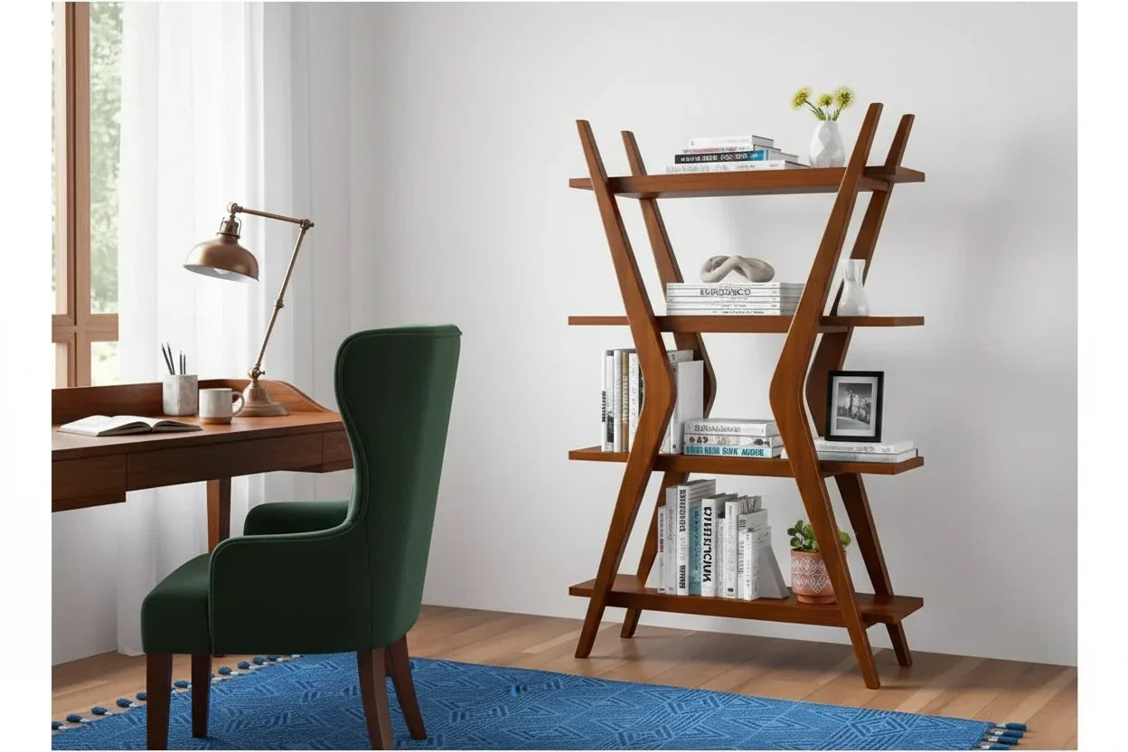 Lotus brown mango wood bookshelf in home office with books and decor