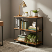 Acacia wood bookshelf in home office with books and plants