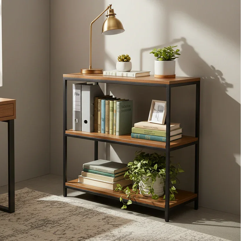 Acacia wood bookshelf in home office with books and plants