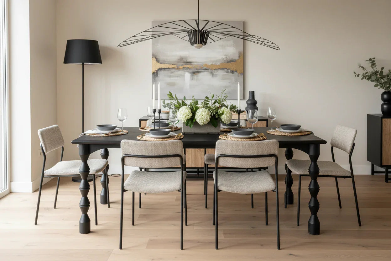 Delbee mango wood dining table in modern dining room with chairs and table setting