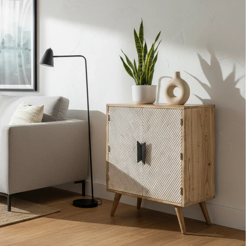 Zarko carved wooden cabinet in living room with distressed white finish