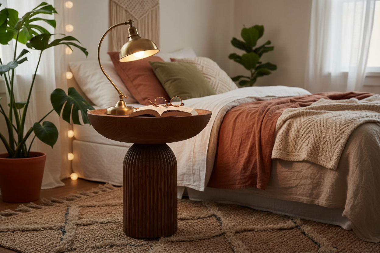Samurai coffee table walnut finish in bohemian bedroom