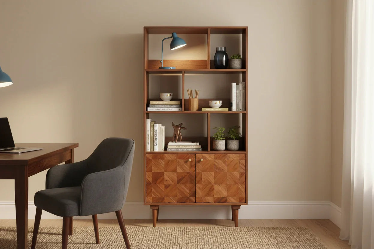 Franklin solid wood bookshelf in home office with books and plants