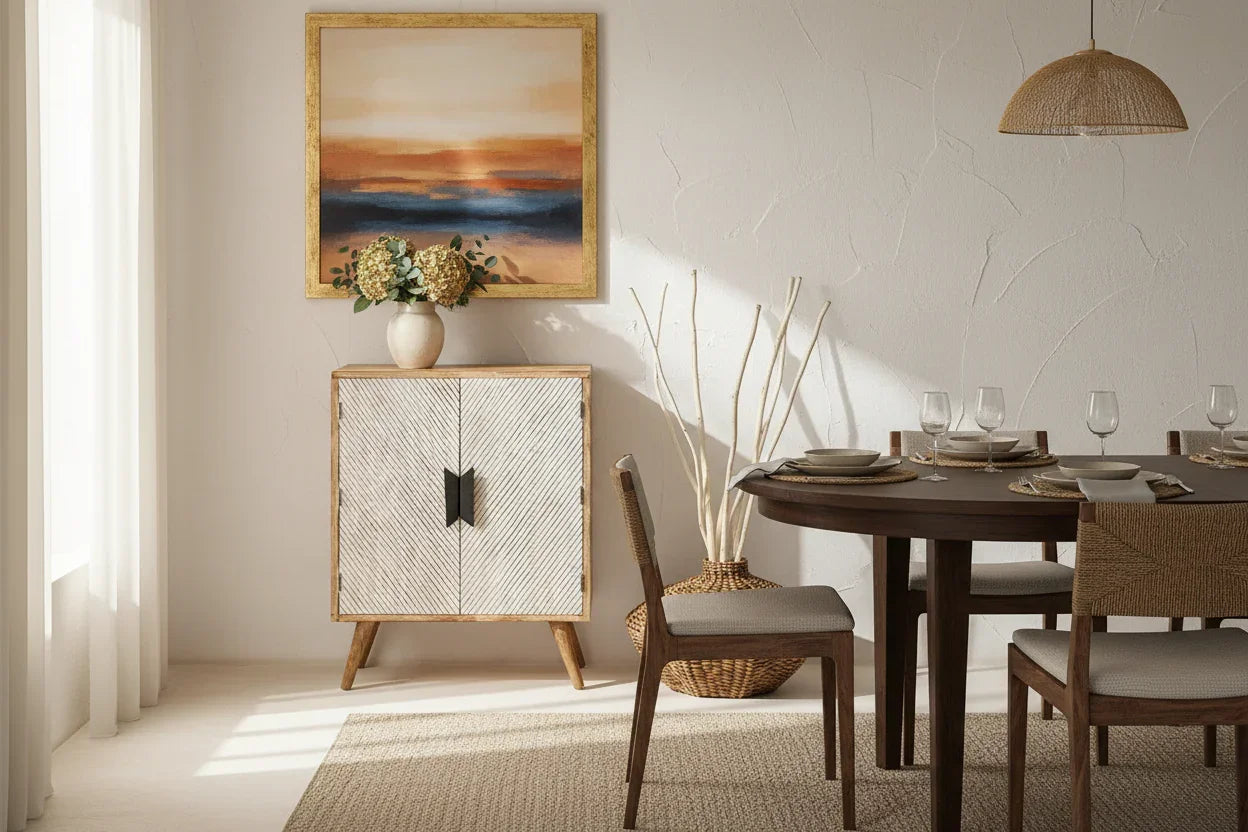 Zarko carved wooden cabinet in dining room with flowers and artwork