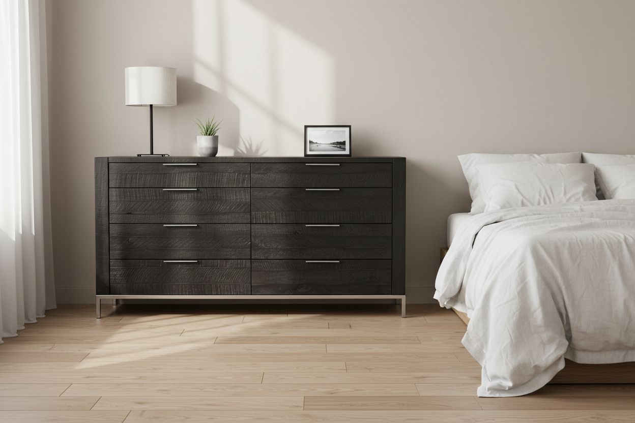 Grapple matt black chest of drawers in modern bedroom with lamp and decor