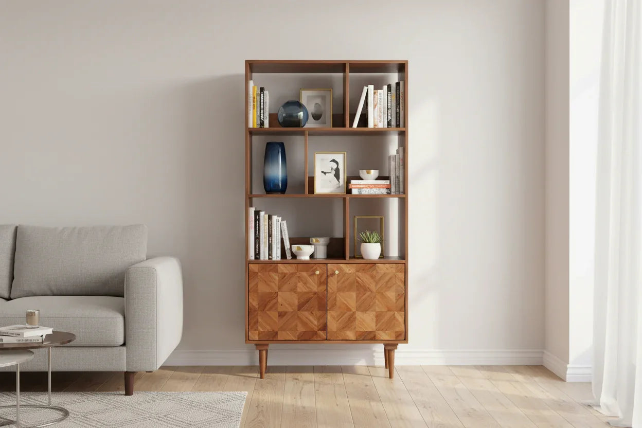 Franklin solid wood bookshelf in modern living room with books and decor