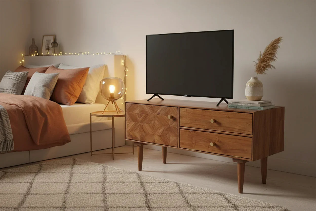 Franklin Sheesham wood TV stand with brass hardware in bedroom