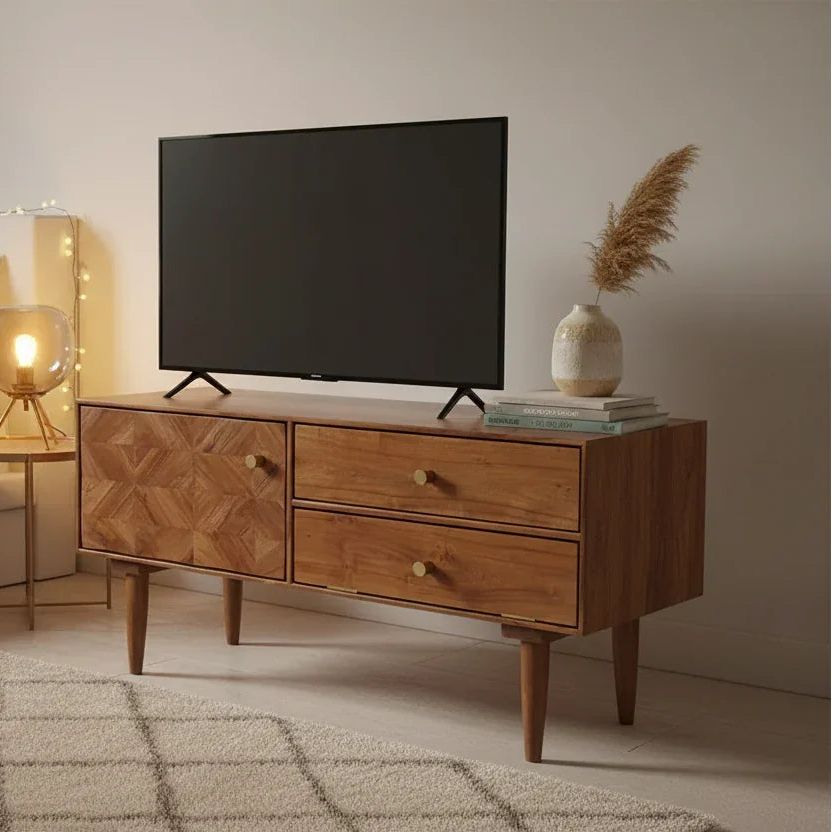 Franklin Sheesham wood TV stand with brass hardware in bedroom