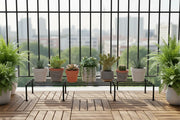 Matte black metal plant stand on modern balcony with succulents