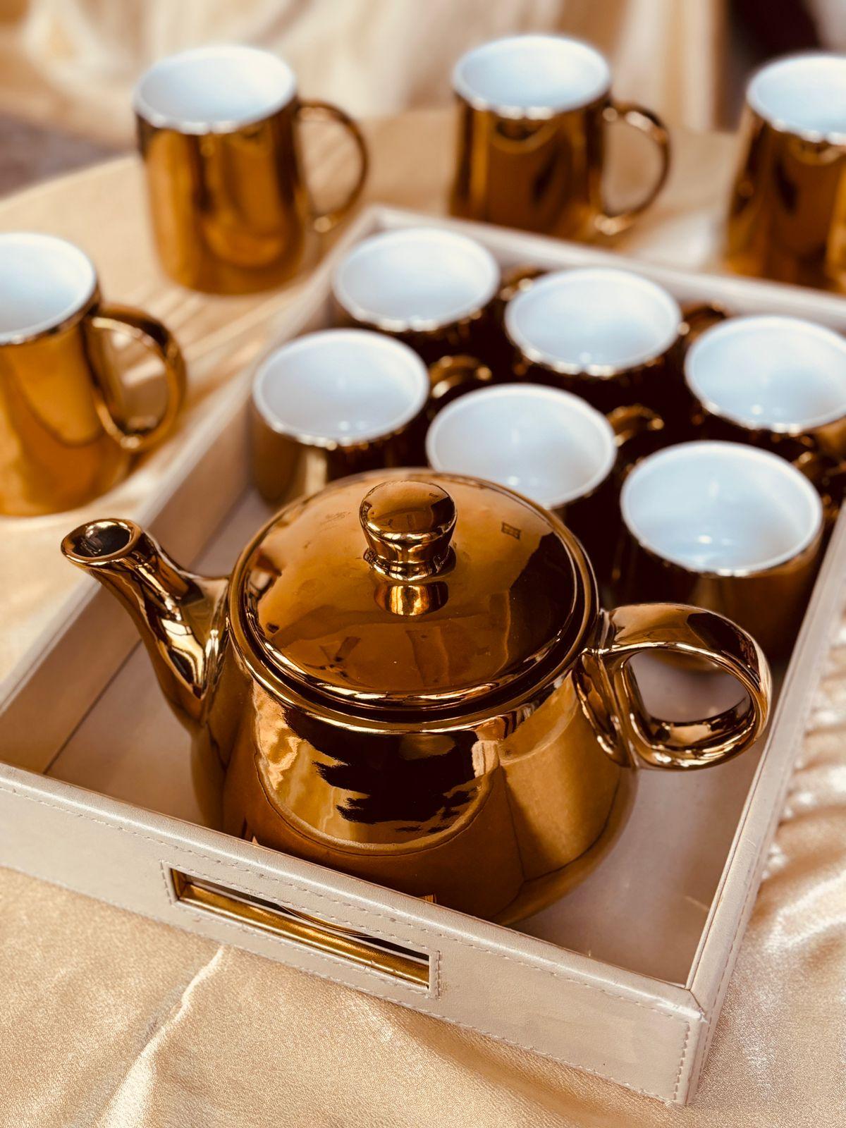 Golden Glazed Ceramic Kettle Set with 6 Cups | Ceramic Tea Set