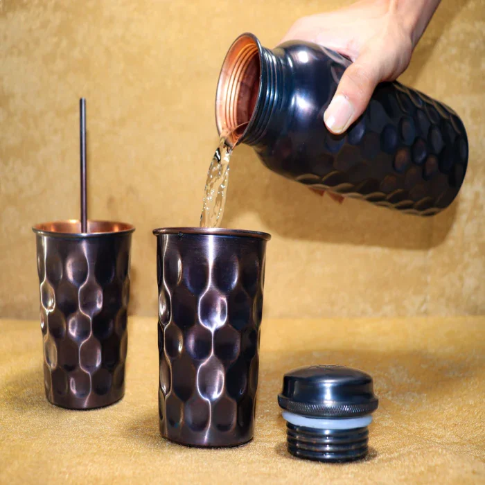 Copper Bottle Black Finish Gift Set (750ml Antique Black Bottle with 2 Glasses)