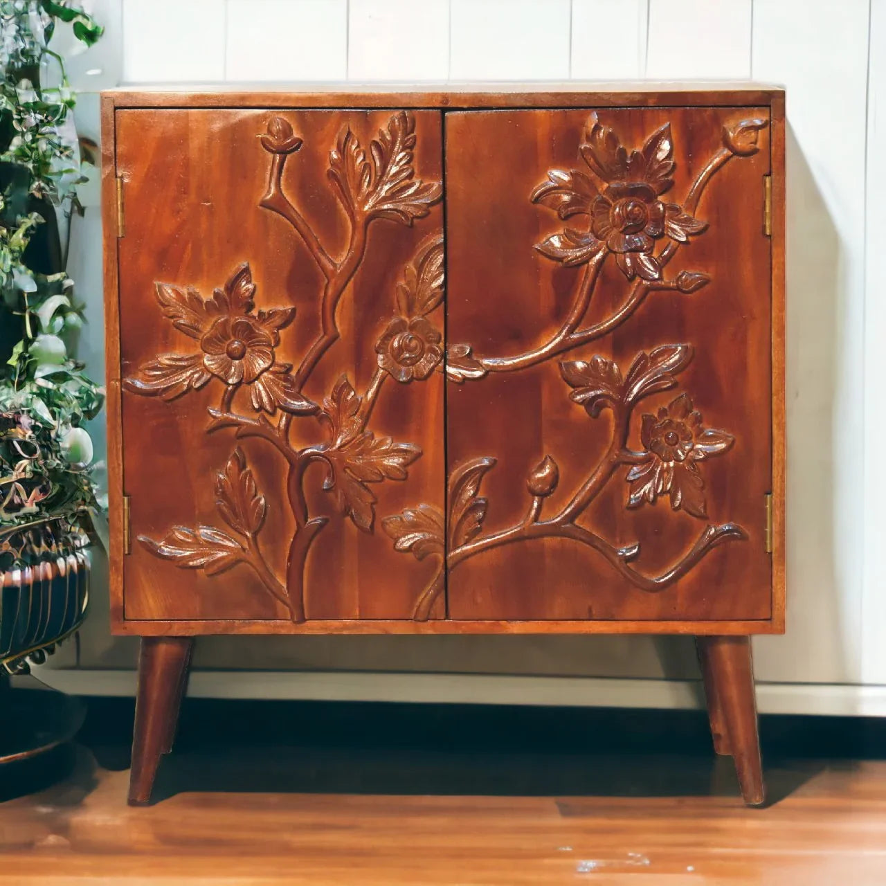 Botanic Wooden Cabinet | Carved Storage Cabinet with Floral Design (Solid Wood Sideboard)