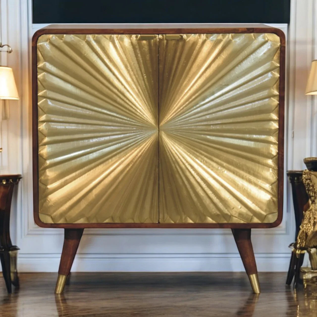 Mango Wood Nightstand with Brass Embossing | Wooden Bedside Table with Storage