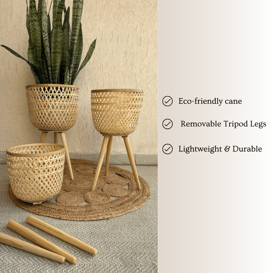 Bamboo Handmade Plant Pot with Removable Tripod Legs | Plant Pot for Living Room & Balcony, Planter Stand- Pack of 1
