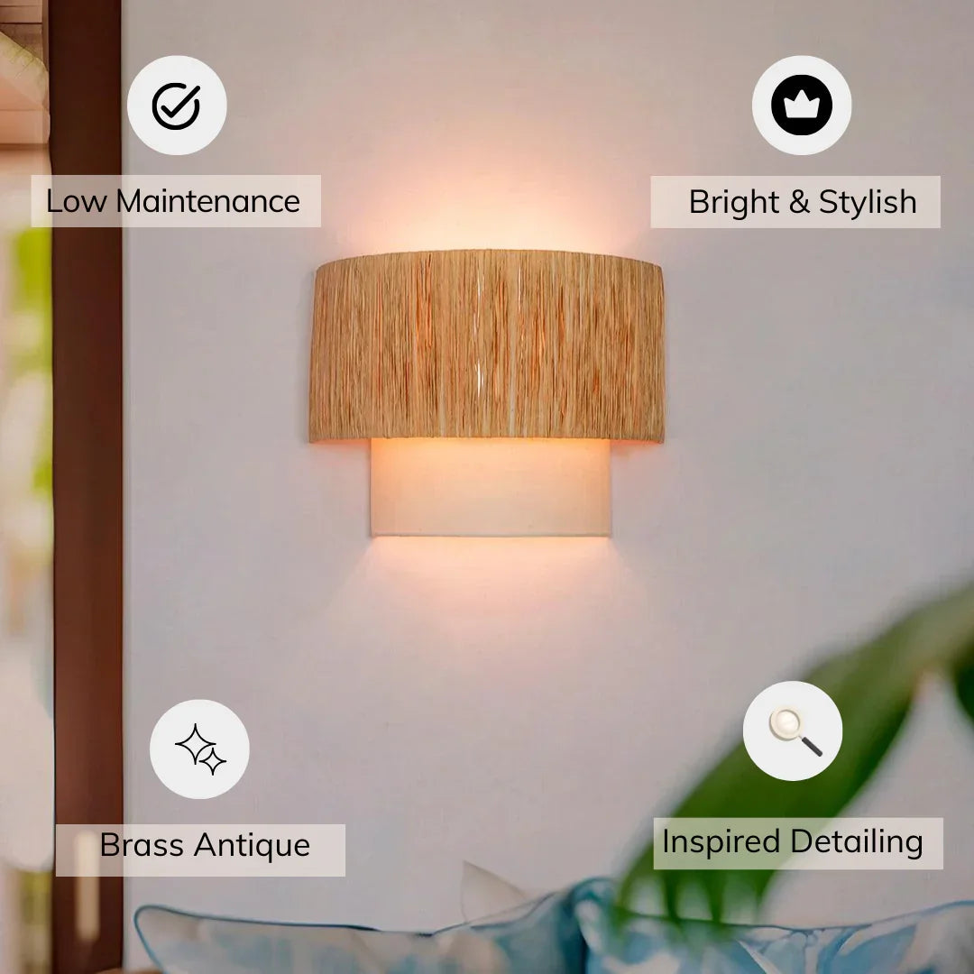 12-Inch Half Concentric Drum Wall Sconce with Raffia and White Fabric Shades