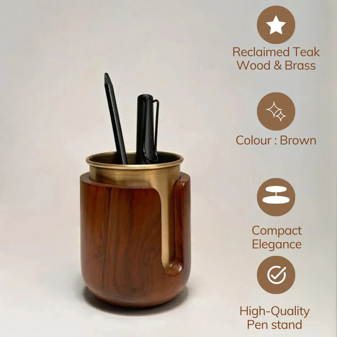 Slit Wooden Pen Stand | Pen Holder for Office Desk Organizer | Premium Teak Wood & Brass