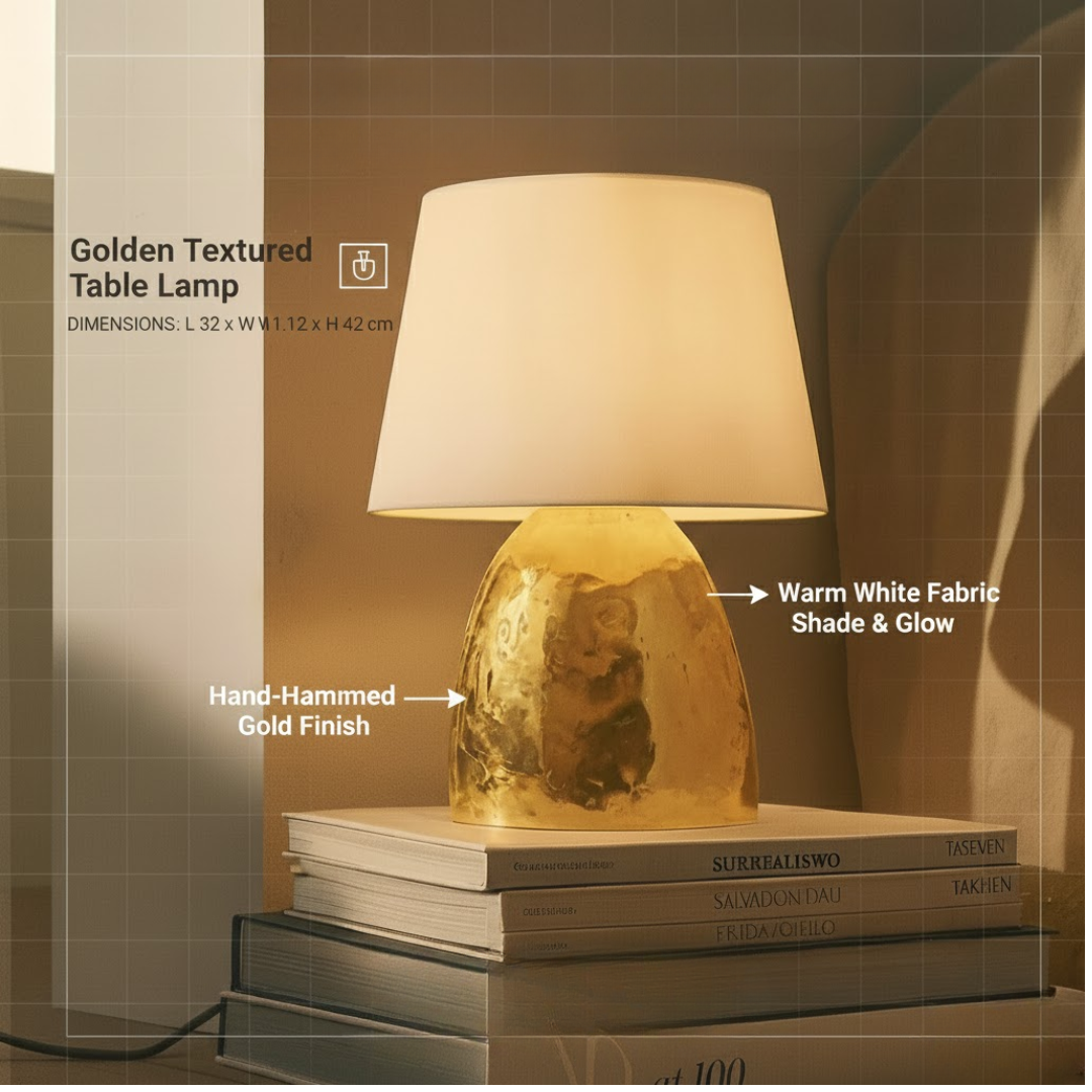 Nythos Table Lamp for Living Room Decor |  Brass Finish Desk Lamp with White Fabric Shade