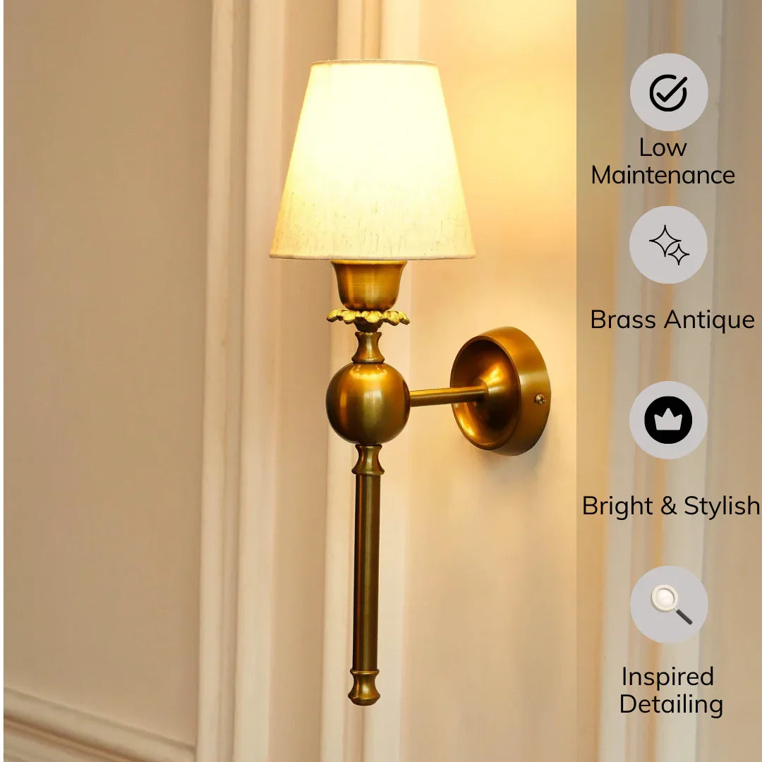 Brass Antique Finish Ball Wall Lamp with Off-White Shade | Decorative Wall Light for Living Room & Bedroom
