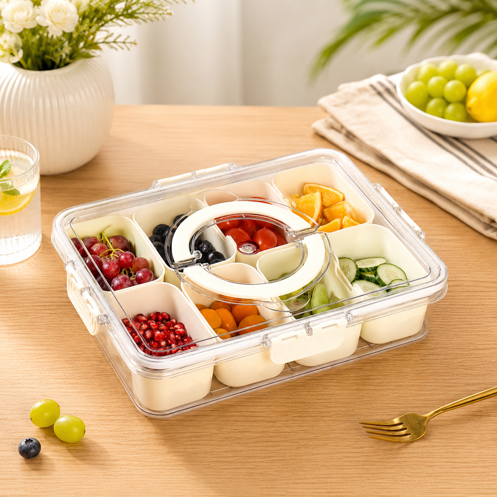 Divided Fridge Storage Boxes With 8 Serving Veggie Tray with Lid and Handle, Fridge Organizer with Removable 8 Compartment, Fridge Storage Containers (8 Compartment-1PC)