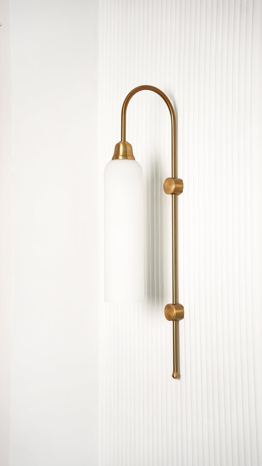 Modern Wall Lamp Antique Brass Finish with Frosted Milky White Long Glass for Bedside, Living Room, Bedroom, Home Decoration, Restaurant