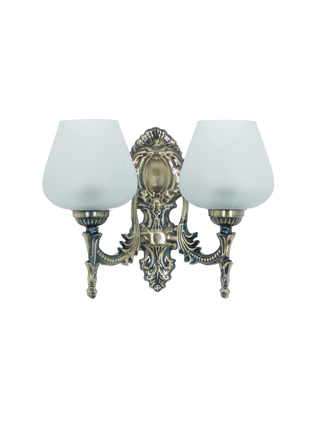 Antique Brass Finish 11 Inch 2-Light Steel Wall Lamp With Plain Frosted Goblet Glass Shades