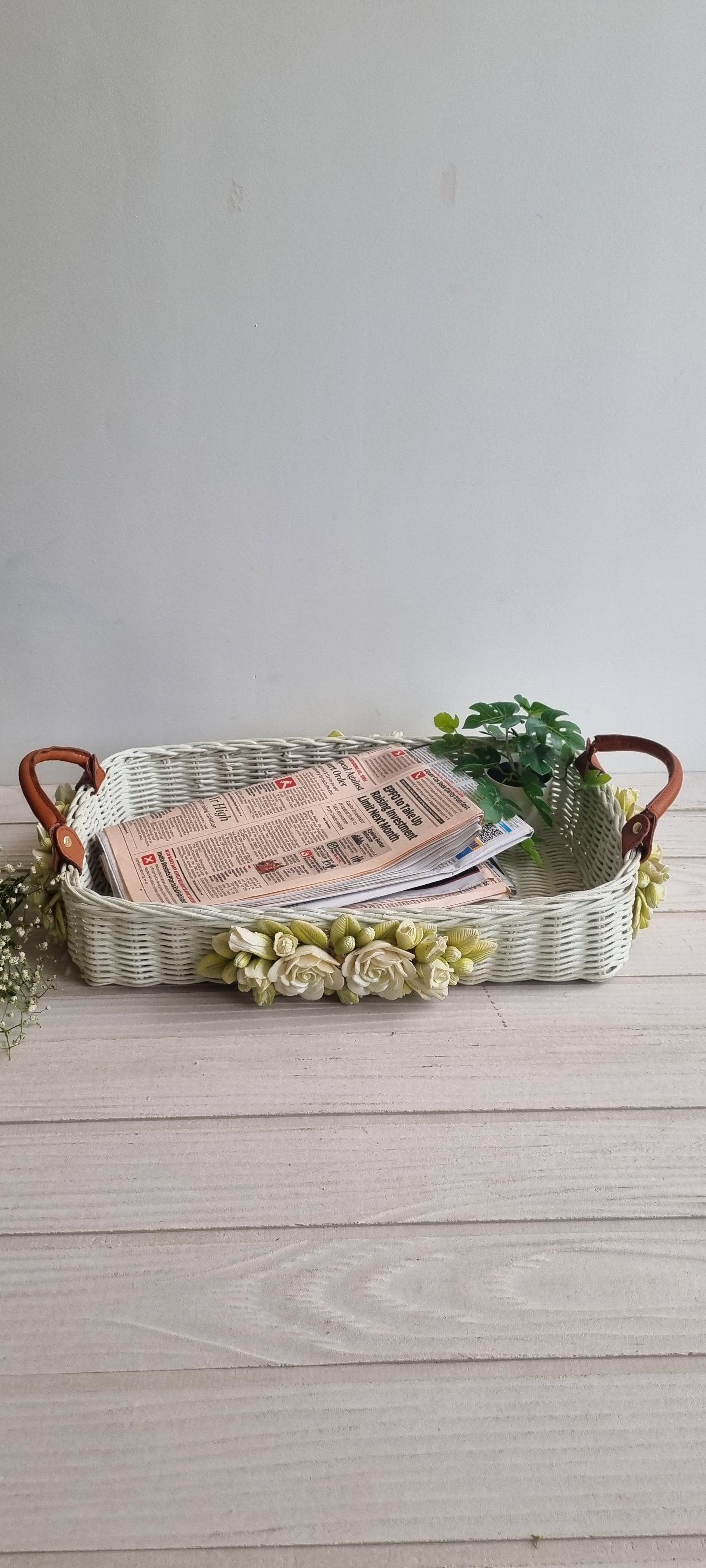 White Floret Leather Handle Basket