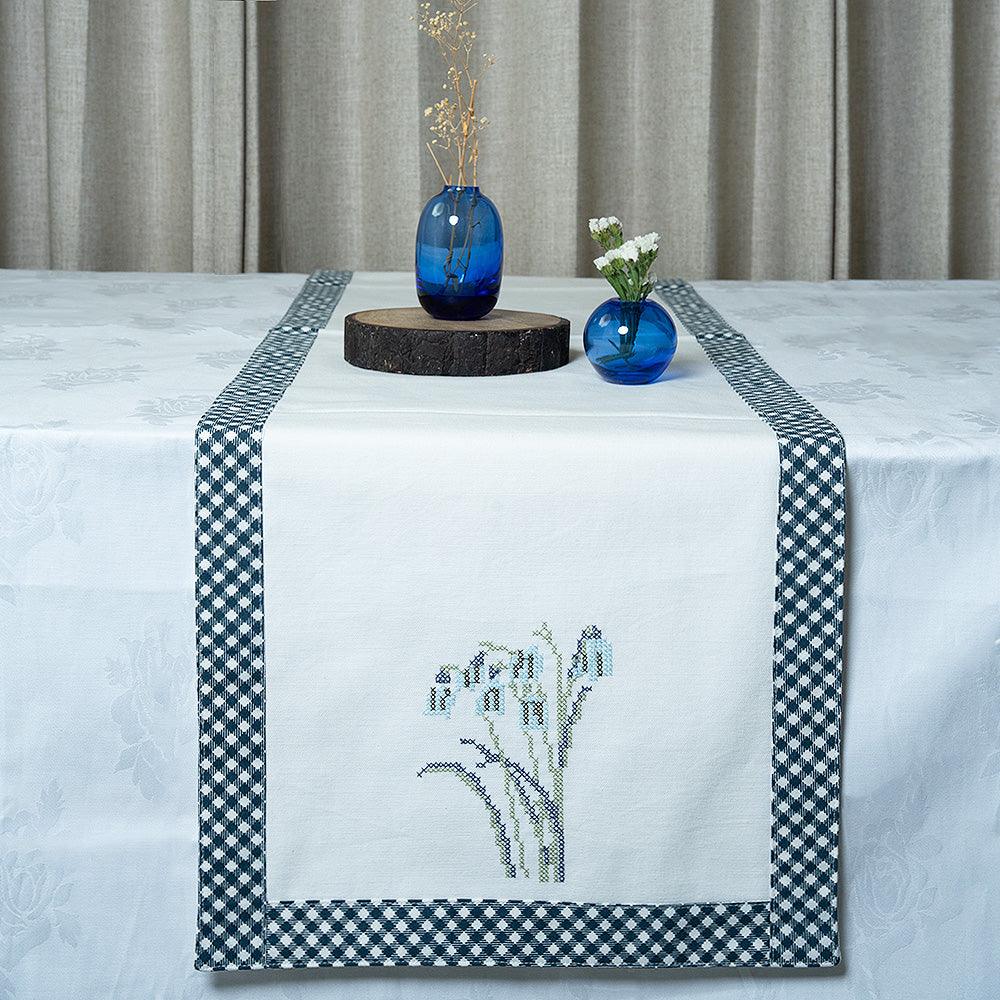 Handmade Tulip Tapestry Dining Table Runner | Embroidered Cotton Cross-Stitch Runner with Printed Border