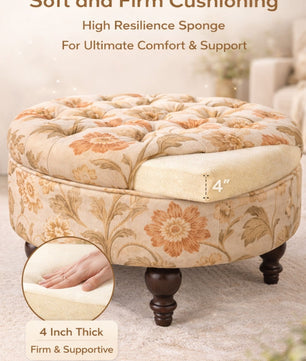 Miyabi Floral Velvet Round Ottoman with Sagwan Wood