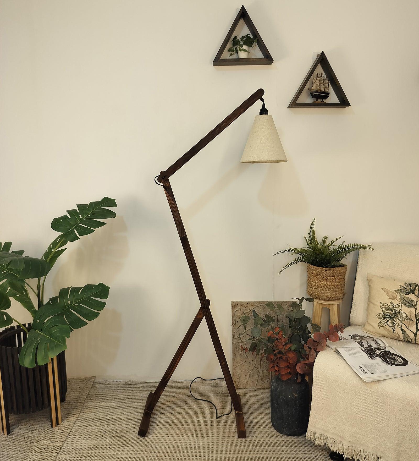 Benji Wooden Floor Lamp with Brown Base and Beige Fabric Lampshade