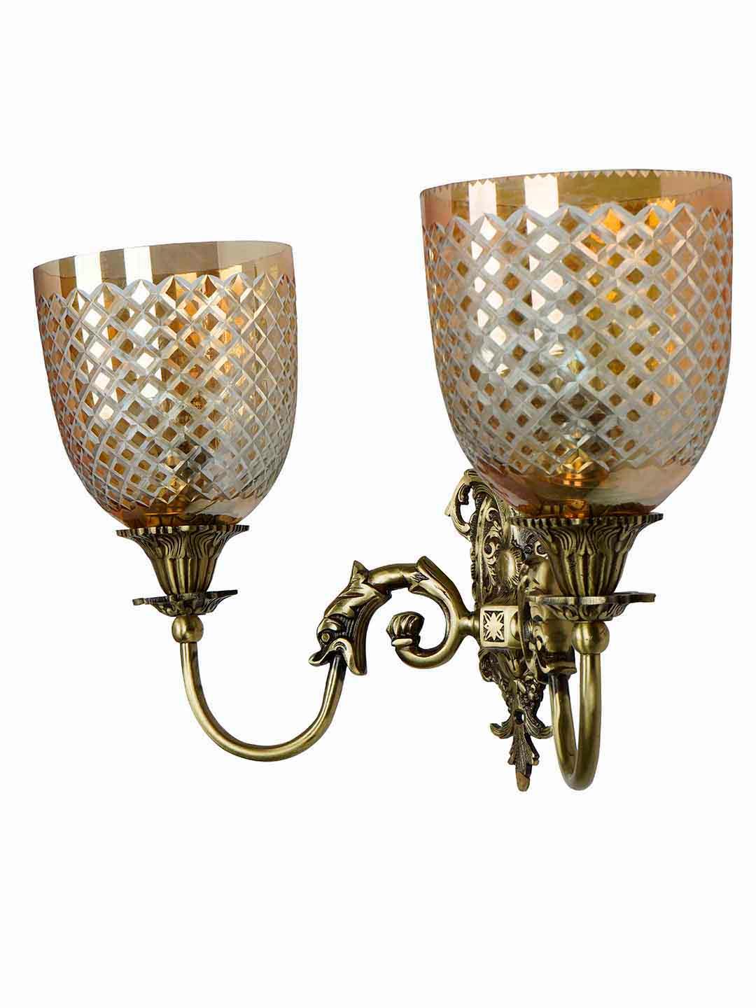 Mythical Majesty: Antique Brass Fish Double Sconce with Luster Glass