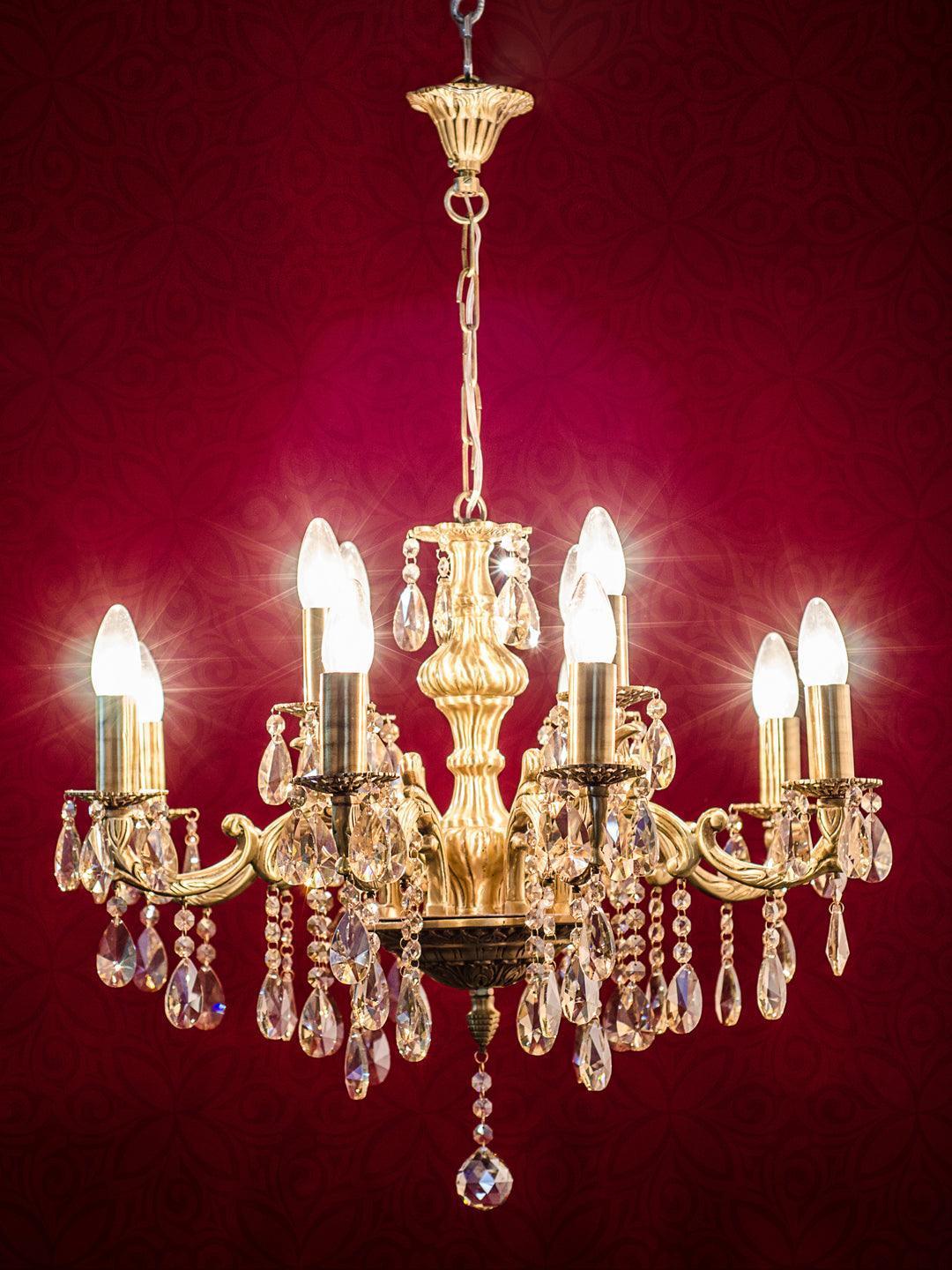 Brass Candle Lamp 12 Light Honey Crystal Chandelier