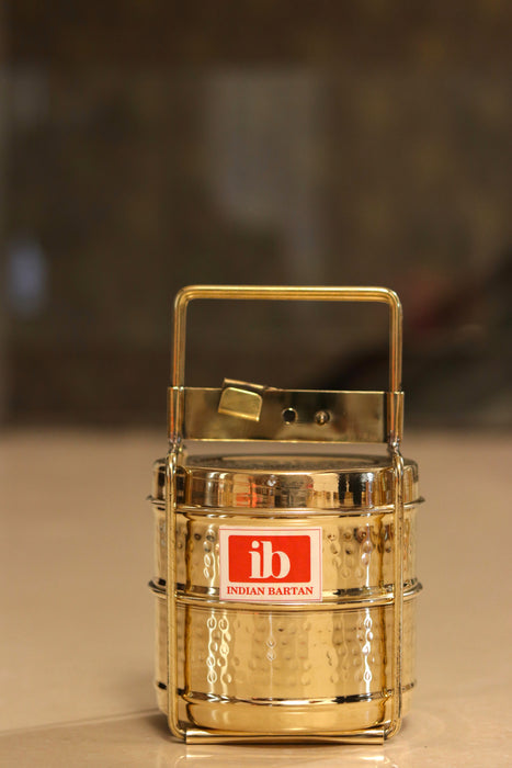 Golden Pure Brass Tiffin Box With Hammered Design For Office School & Travelling