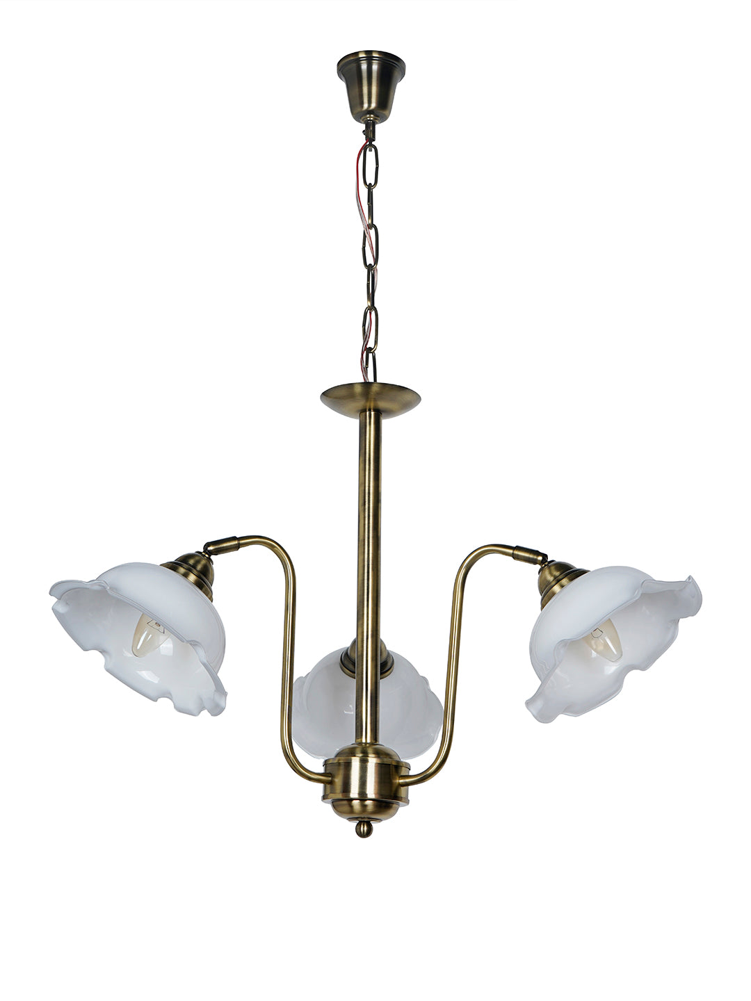 28-Inch Antique Brass 3-Light Adjustable Chandelier | Vintage Gooseneck Design with White Frilled Glass Shades