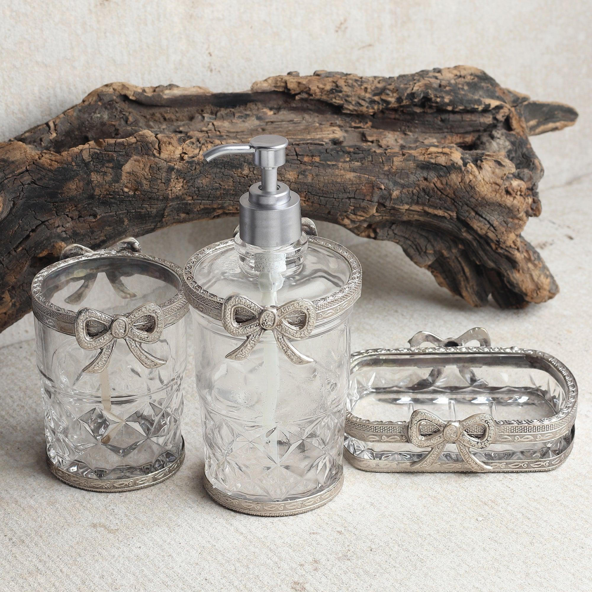 Antique Bow-Tied Glass Bathroom Silver Set