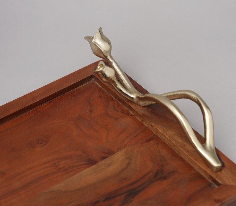 Tulip Tray | Gold Finished  with Walnut Finished Acacia Wood