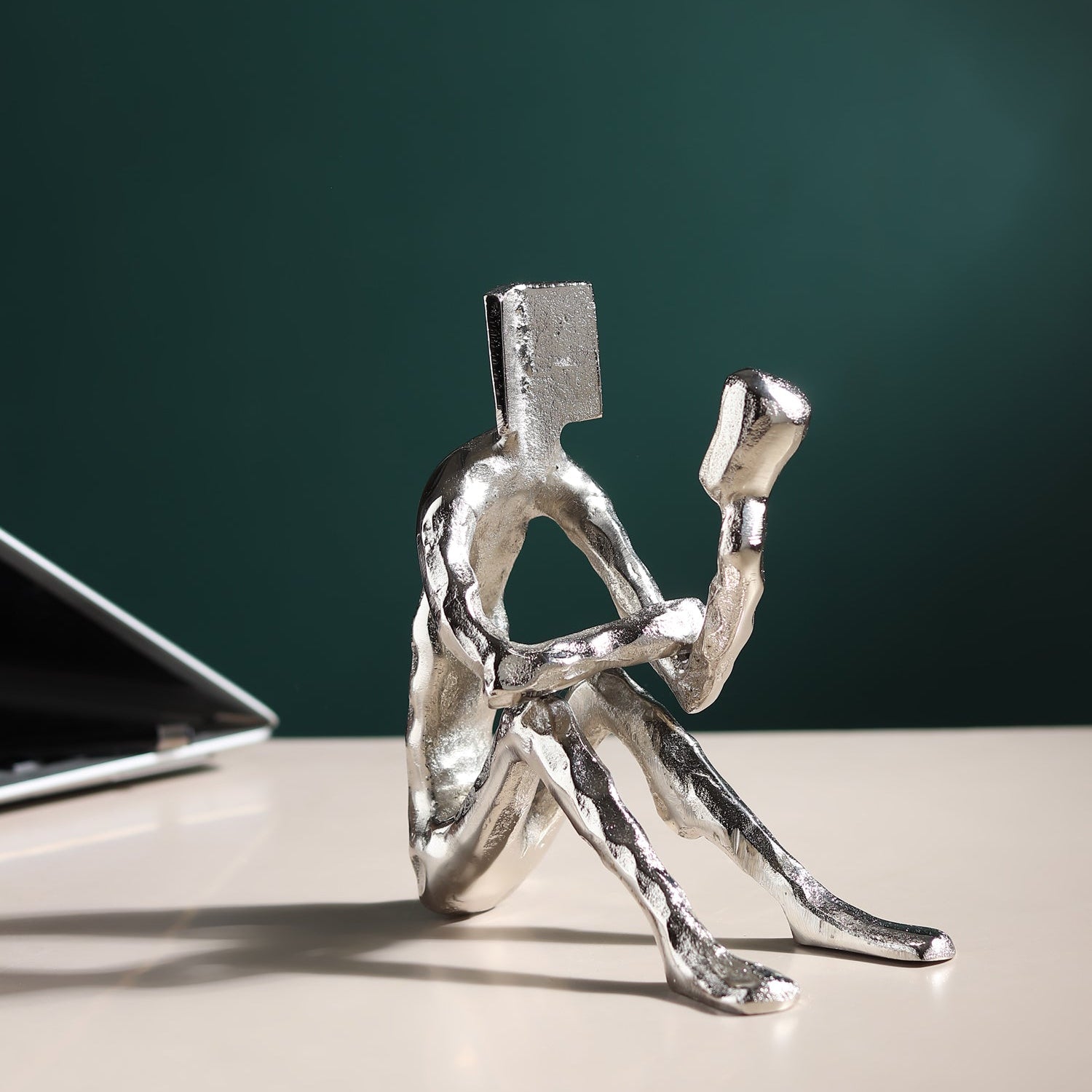Pensive Reader Decorative Sculpture | Gold Aluminium Reading Figurine for Bookshelf & Home Décor