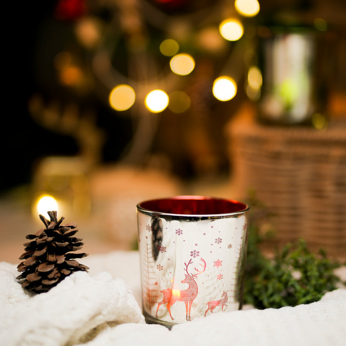 Embroidered Deer Red Glass Votive | Festive Candle Holder