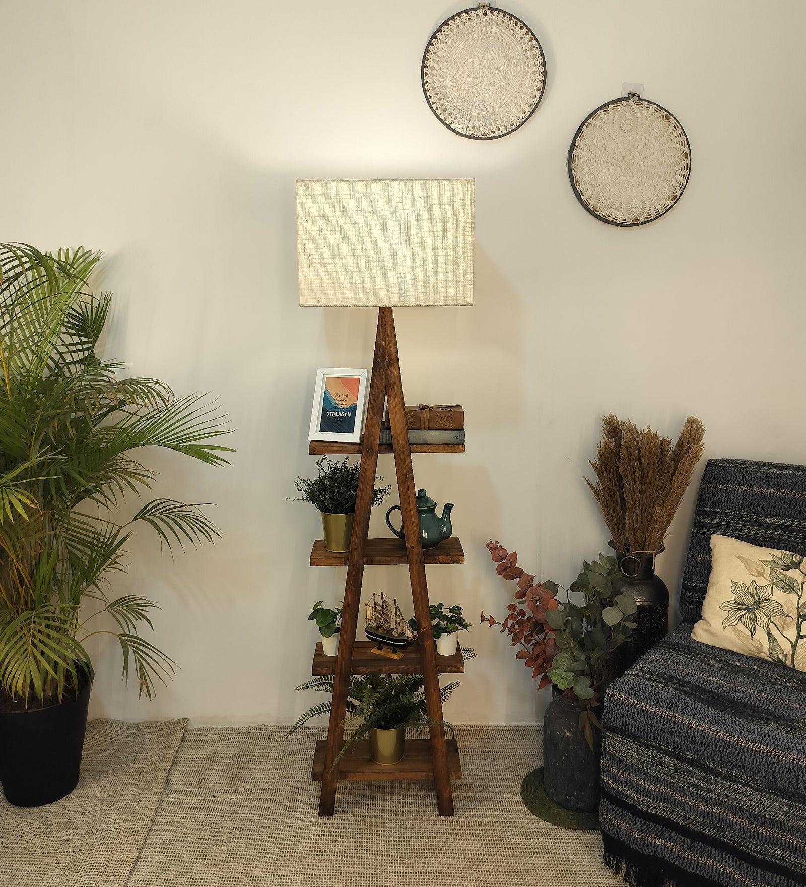 Louise Wooden Floor Lamp with Brown Base and Jute Fabric Lampshade