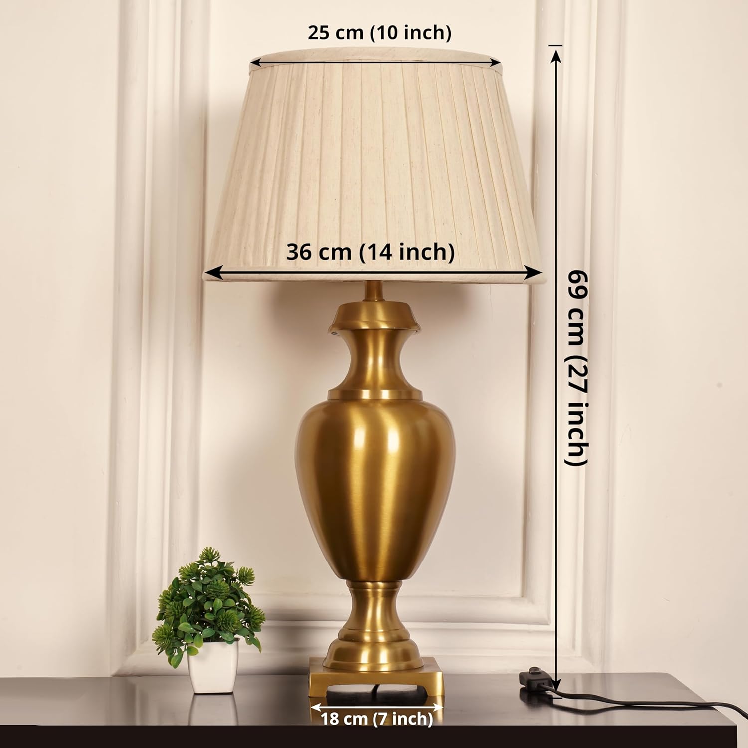 Royal Brass Antique Gold Finish Trophy Table Lamp 27 Inches Height With Off White Pleated 14 Inches Diameter Lampshade
