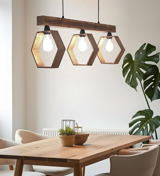 Hexagram Brown Wooden 3 Series Hanging Lamp